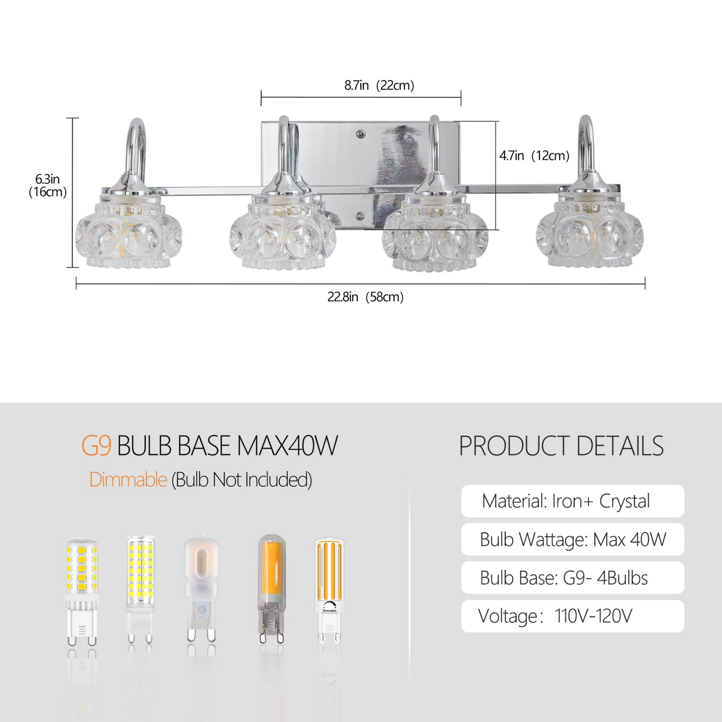 Brushed Nickel Finish Vintage Crystal Vanity Light - Elegant 4-Light Bathroom Mirror Fixture with Clear Glass Shades