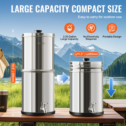 VEVOR 2.25G Gravity-fed Water Filter Countertop System Stainless Steel 2 Filters