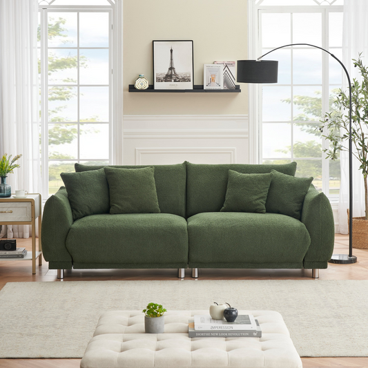 An 86.6 inch teddy wool black sofa with four throw pillows and hardware feet makes it comfortable to sit in an apartment bedroom without taking up space