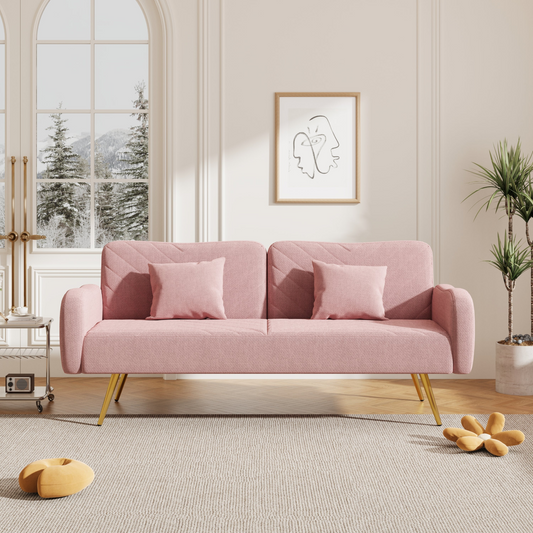 70.47" Pink Fabric Double Sofa with Split Backrest and Two Throw Pillows,Suitable for living room, apartment, home office