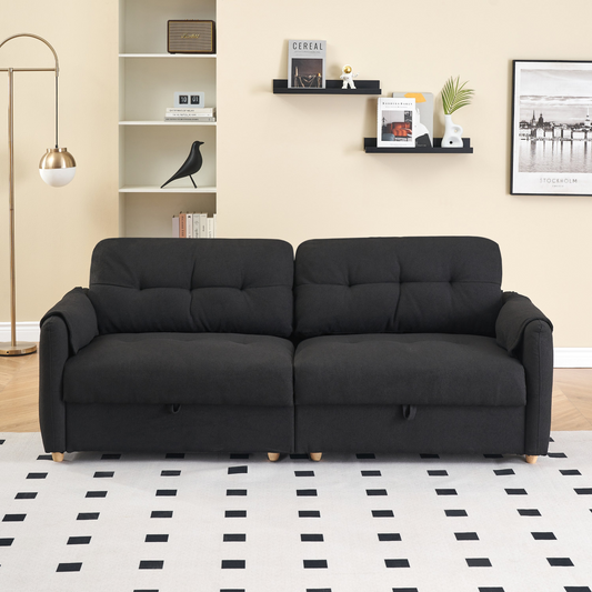 79.50 inches long, Teddy Cotton Linen Sofa Fabric, with metal conical long legs, metal strip matching, stylish and simple-Black