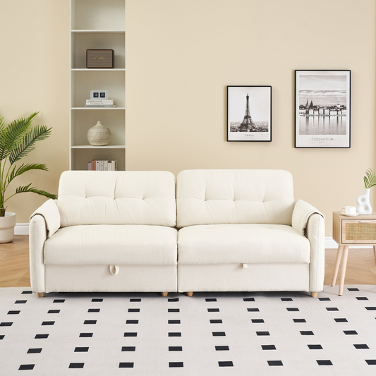 79.50 inches long, Teddy Cotton Linen Sofa Fabric, with metal conical long legs, metal strip matching, stylish and simple-Beige