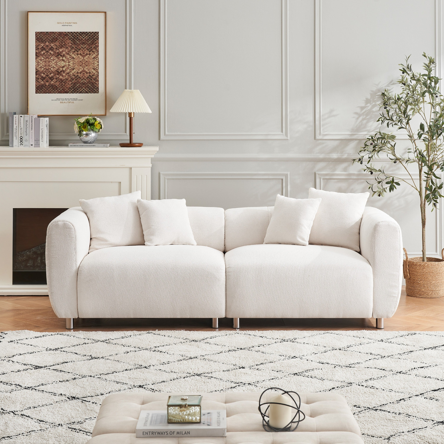 89 inch Sofa for Living Room, Fashion  Sofa with Metal Legs, 3 Seater Sofa, Solid Wood Frame Couch with 4Pillows, for Apartment Office Living Room - White