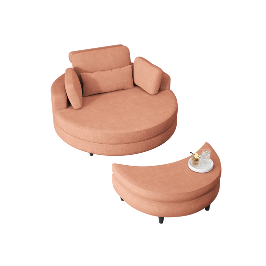 A 51-inch orange corduroy sofa with two throw pillows, a waist pillow and an extra tray is comfortable for a small apartment bedroom