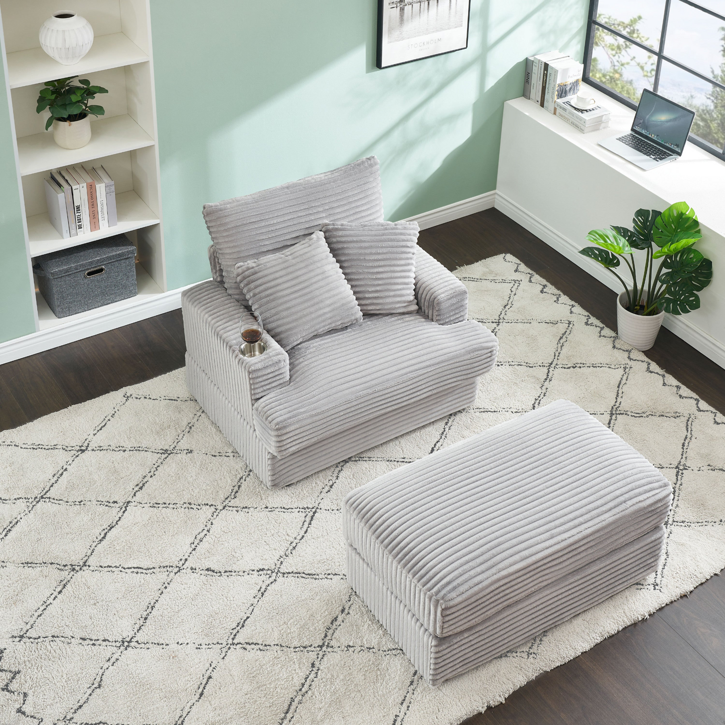 39-inch Spring upholstered armchair and Ottoman set - comfortable single sofa with cup holder and corduroy fabric, perfect for living room or bedroom