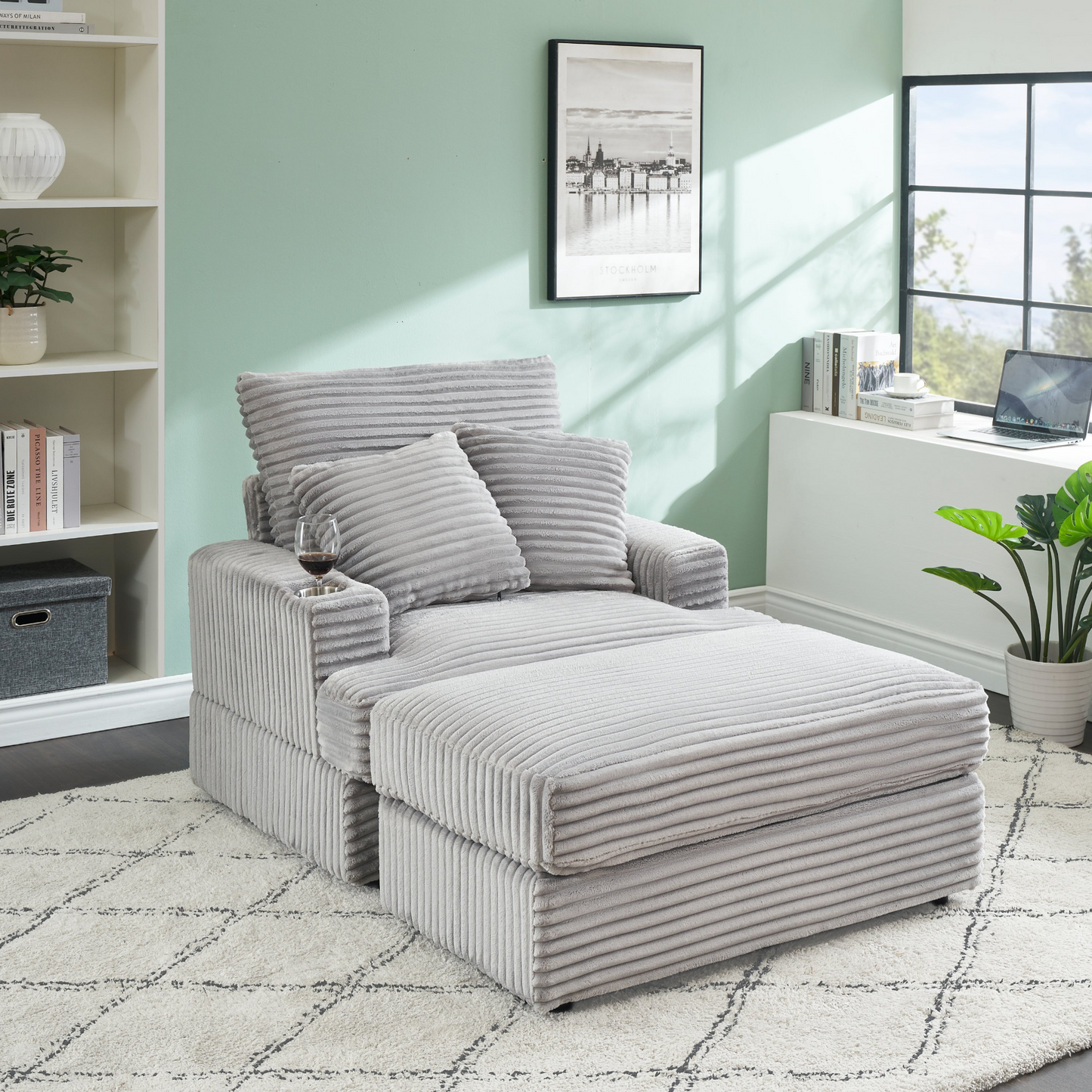 39-inch Spring upholstered armchair and Ottoman set - comfortable single sofa with cup holder and corduroy fabric, perfect for living room or bedroom