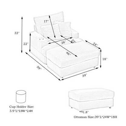 39-inch Spring upholstered armchair and Ottoman set - comfortable single sofa with cup holder and corduroy fabric, perfect for living room or bedroom