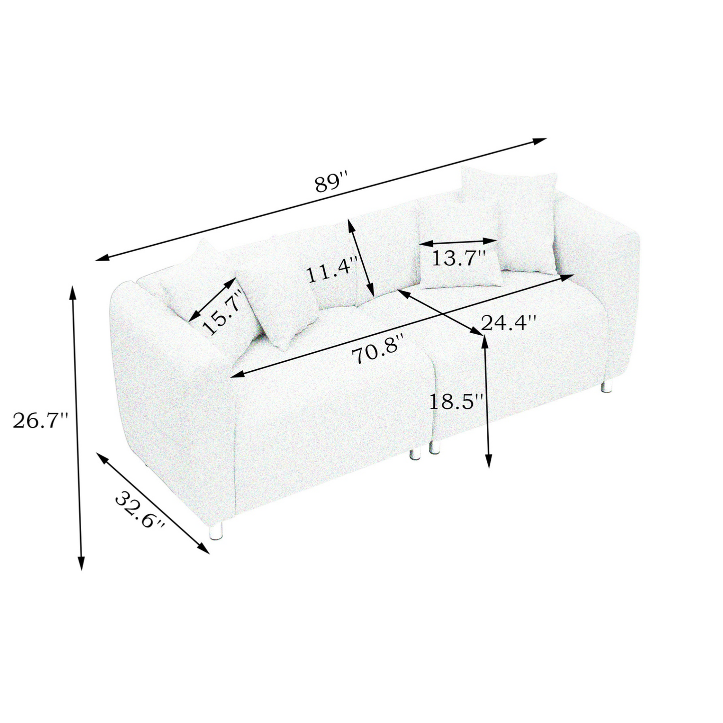 89 inch Sofa for Living Room, Fashion  Sofa with Metal Legs, 3 Seater Sofa, Solid Wood Frame Couch with 4Pillows, for Apartment Office Living Room - White