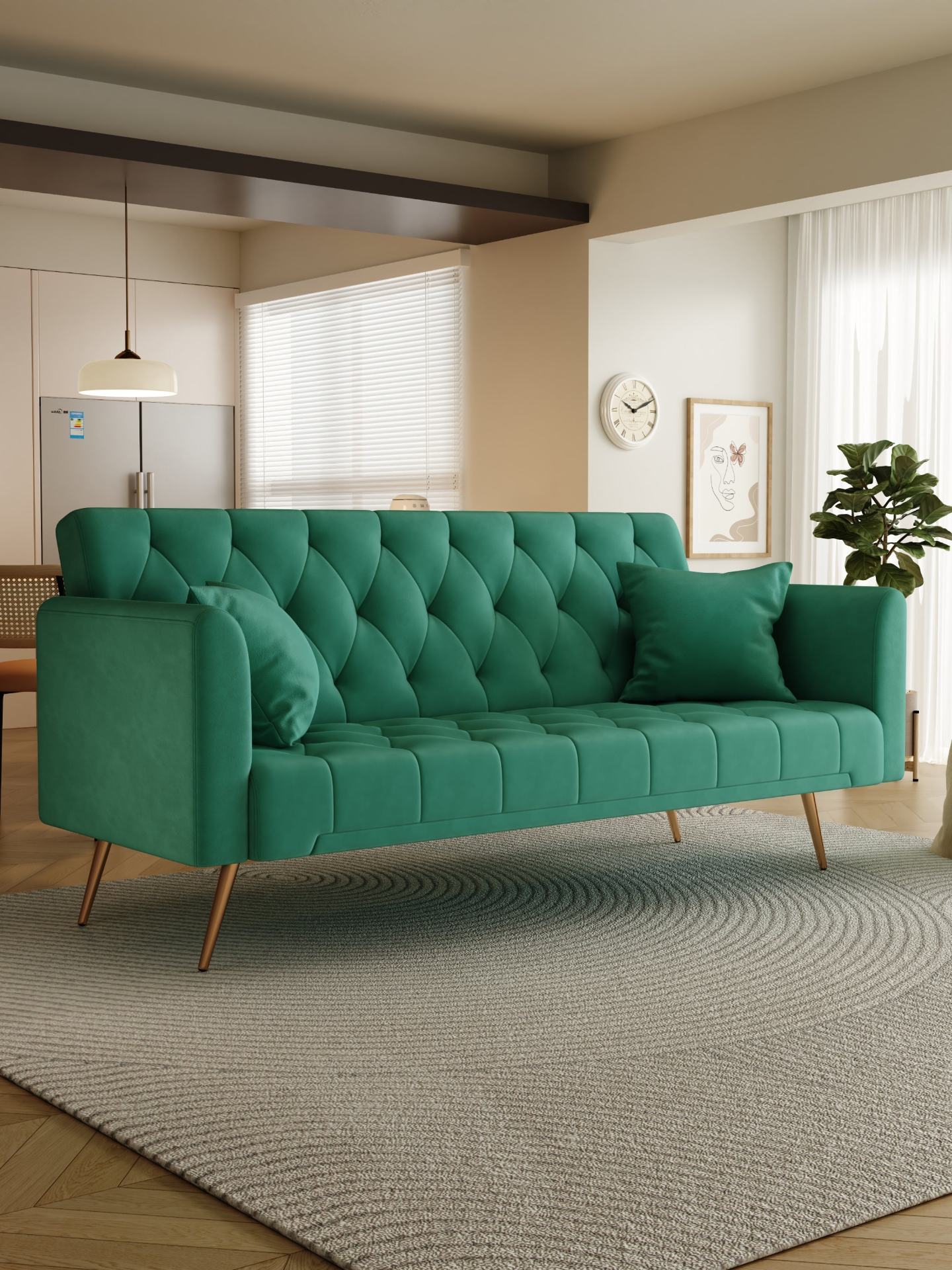 71 inch convertible love seat sofa, American retro  green velvet, suitable for small living room, bedroom, office