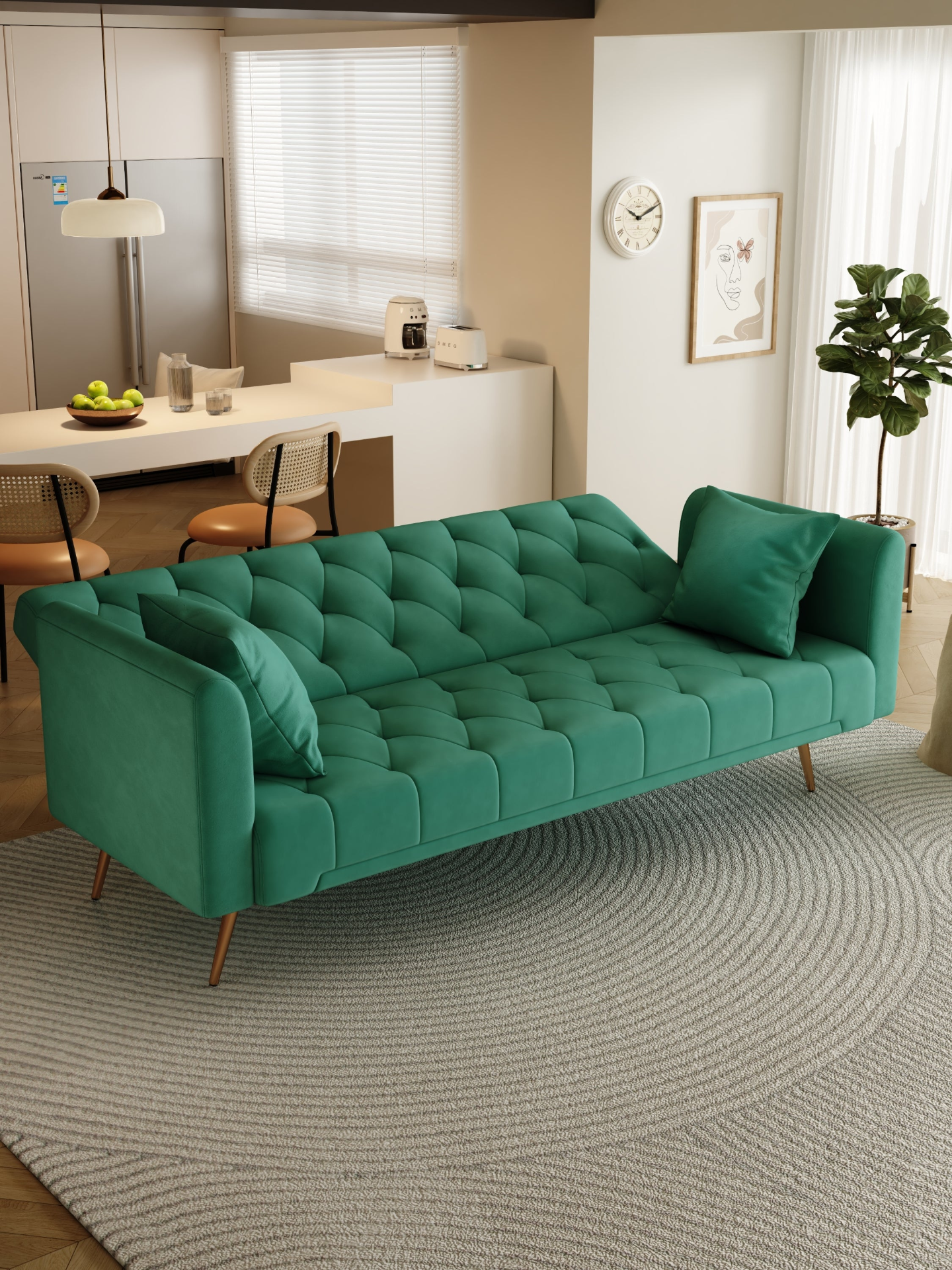 71 inch convertible love seat sofa, American retro  green velvet, suitable for small living room, bedroom, office