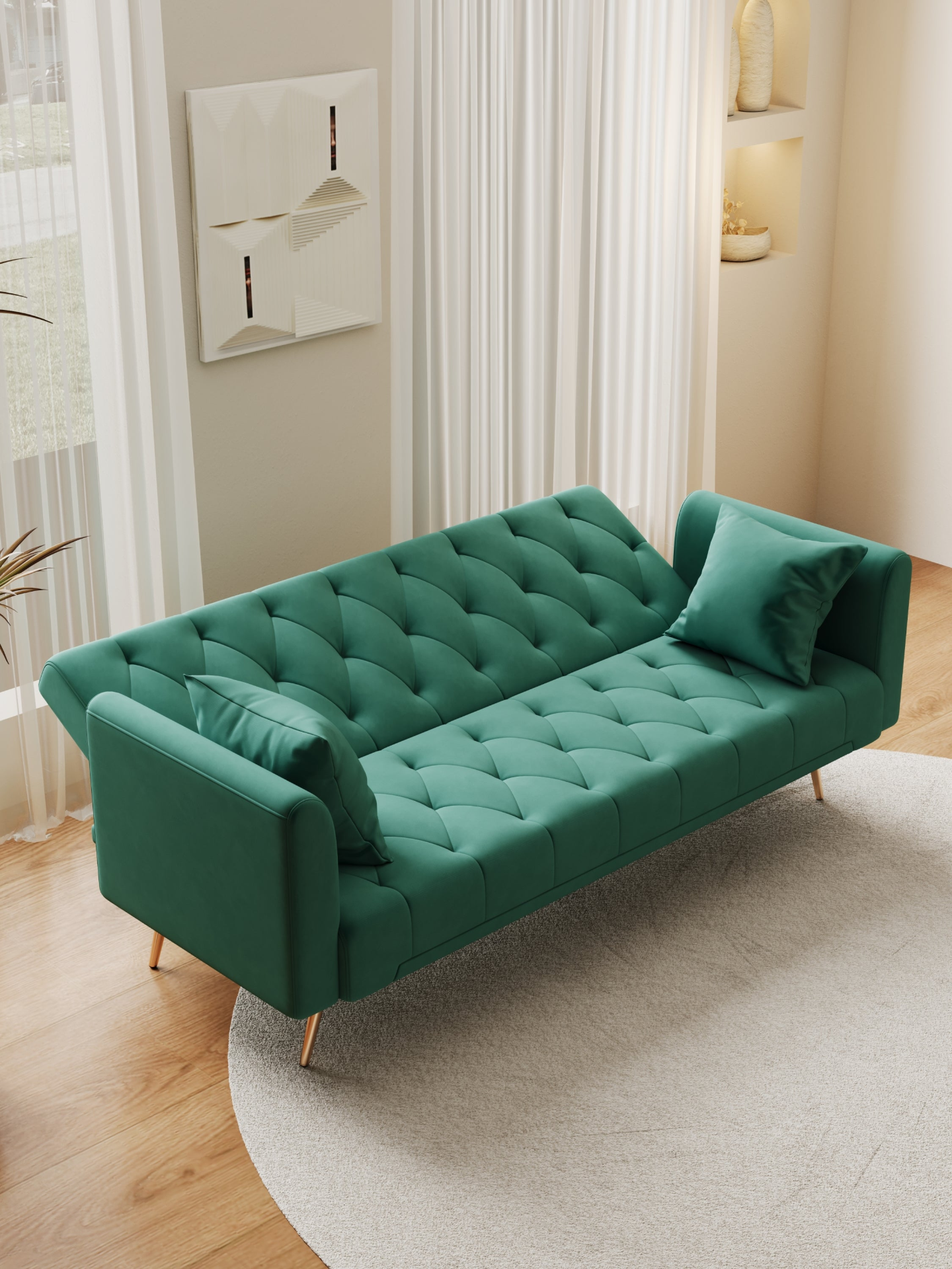 71 inch convertible love seat sofa, American retro  green velvet, suitable for small living room, bedroom, office