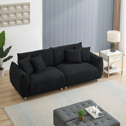 86.6 inch teddy fleece  black sofa with four throw pillows hardware feet can be placed in the apartment bedroom to sit comfortably without taking up space