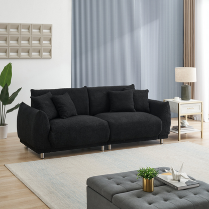 86.6 inch teddy fleece  black sofa with four throw pillows hardware feet can be placed in the apartment bedroom to sit comfortably without taking up space