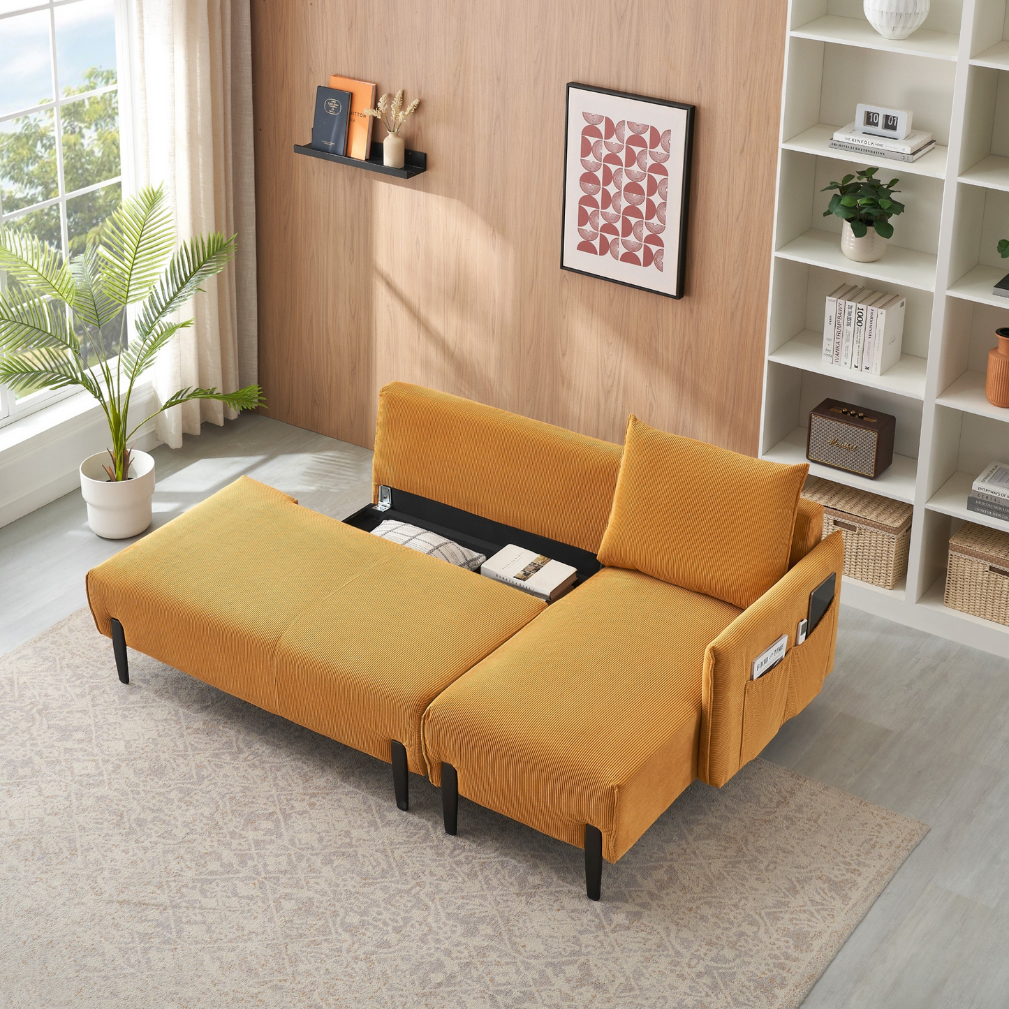 79.50 inches long, Velvet Sofa Fabric, with three matching pillows and spacious and comfortable seats, for Apartment Office Living Room - Yellow