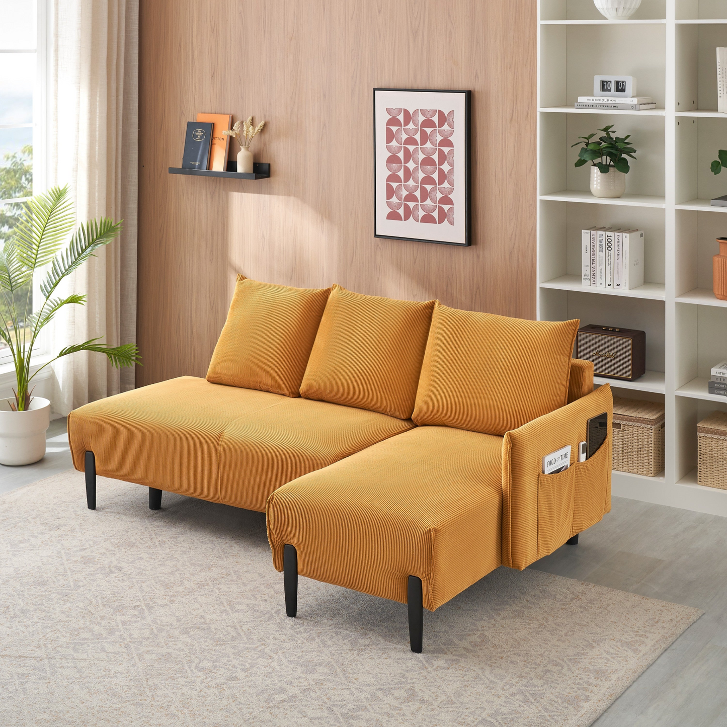 79.50 inches long, Velvet Sofa Fabric, with three matching pillows and spacious and comfortable seats, for Apartment Office Living Room - Yellow