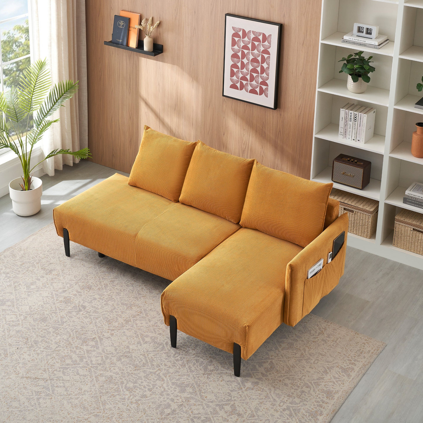 79.50 inches long, Velvet Sofa Fabric, with three matching pillows and spacious and comfortable seats, for Apartment Office Living Room - Yellow