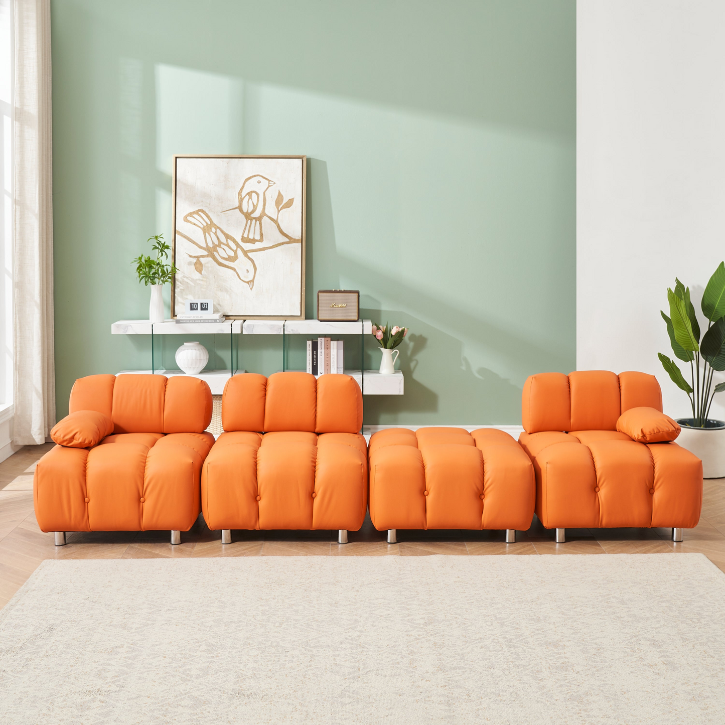 A 90.60-inch technology cloth orange sofa, waterproof, stain and cat scratch resistant, can comfortably sit in the apartment bedroom without taking up space.