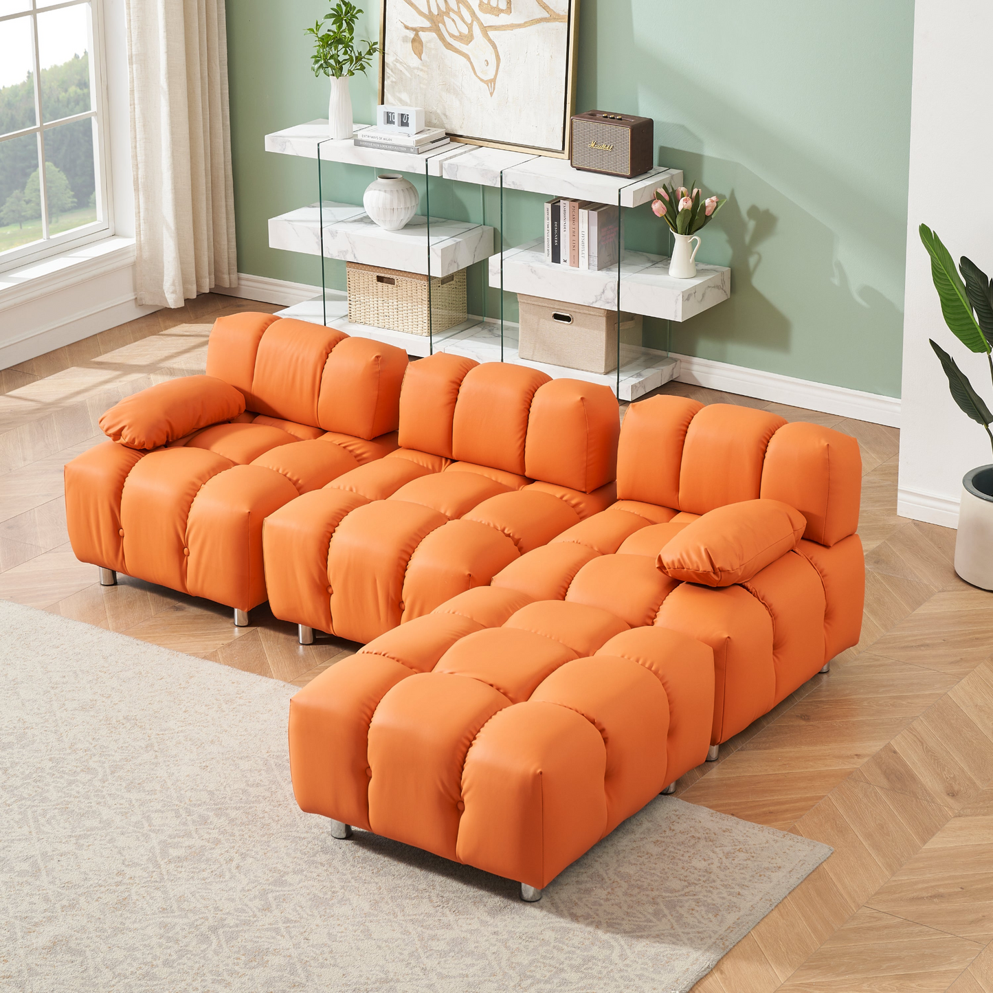 A 90.60-inch technology cloth orange sofa, waterproof, stain and cat scratch resistant, can comfortably sit in the apartment bedroom without taking up space.