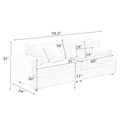79.3 inches long, Corduroy Sofa, with 4 Matching Toss Pillows Sleek Design Spacious and Comfortable 3 Seater Couch for Modern Living Room,Gray