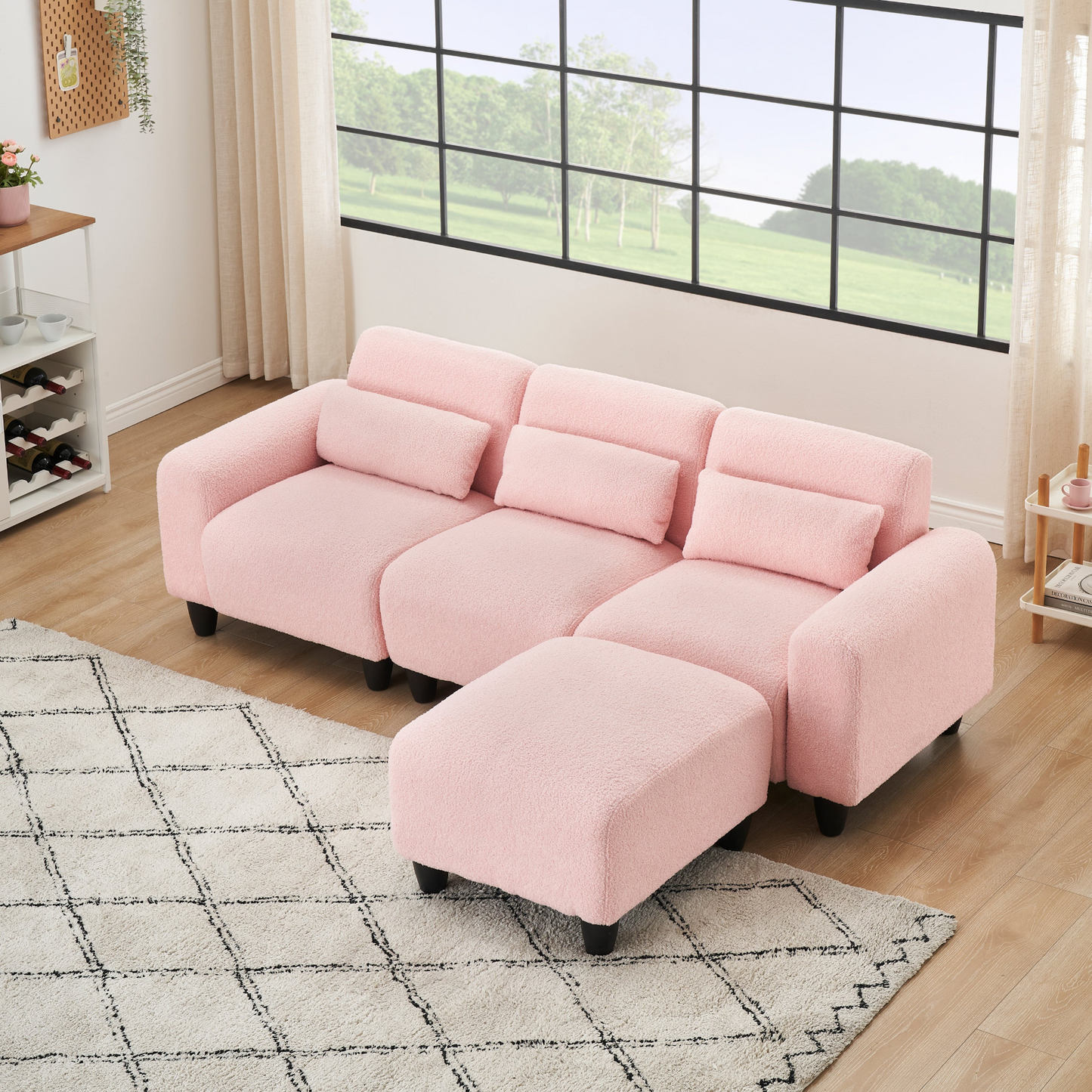 The 84.6-inch pink teddy fleece  creative sofa can be assembled into a two-seater sofa plus a single couch with three waist pillows to perfectly stretch your waist for small apartment bedroom Spaces