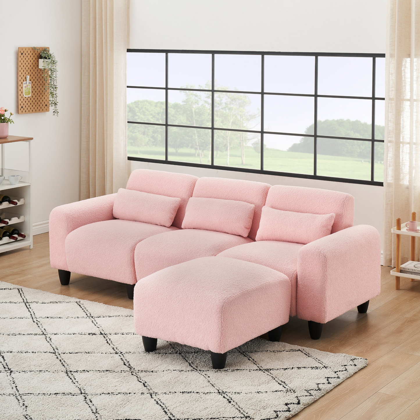 The 84.6-inch pink teddy fleece  creative sofa can be assembled into a two-seater sofa plus a single couch with three waist pillows to perfectly stretch your waist for small apartment bedroom Spaces