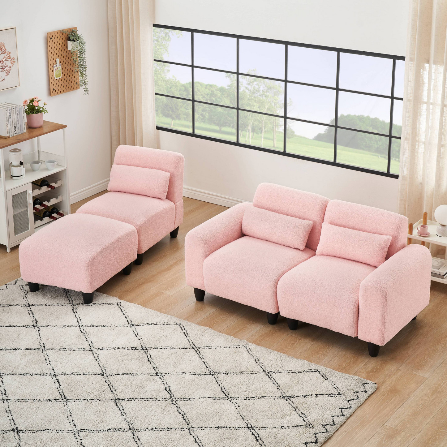 The 84.6-inch pink teddy fleece  creative sofa can be assembled into a two-seater sofa plus a single couch with three waist pillows to perfectly stretch your waist for small apartment bedroom Spaces