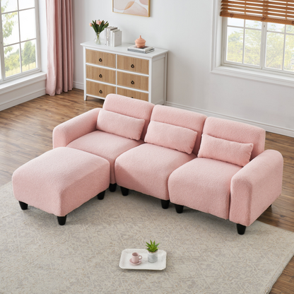 The 84.6-inch pink teddy fleece  creative sofa can be assembled into a two-seater sofa plus a single couch with three waist pillows to perfectly stretch your waist for small apartment bedroom Spaces