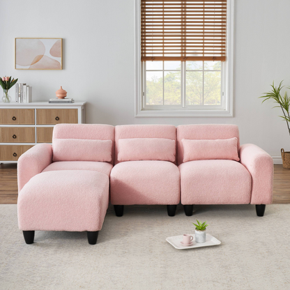 The 84.6-inch pink teddy fleece  creative sofa can be assembled into a two-seater sofa plus a single couch with three waist pillows to perfectly stretch your waist for small apartment bedroom Spaces