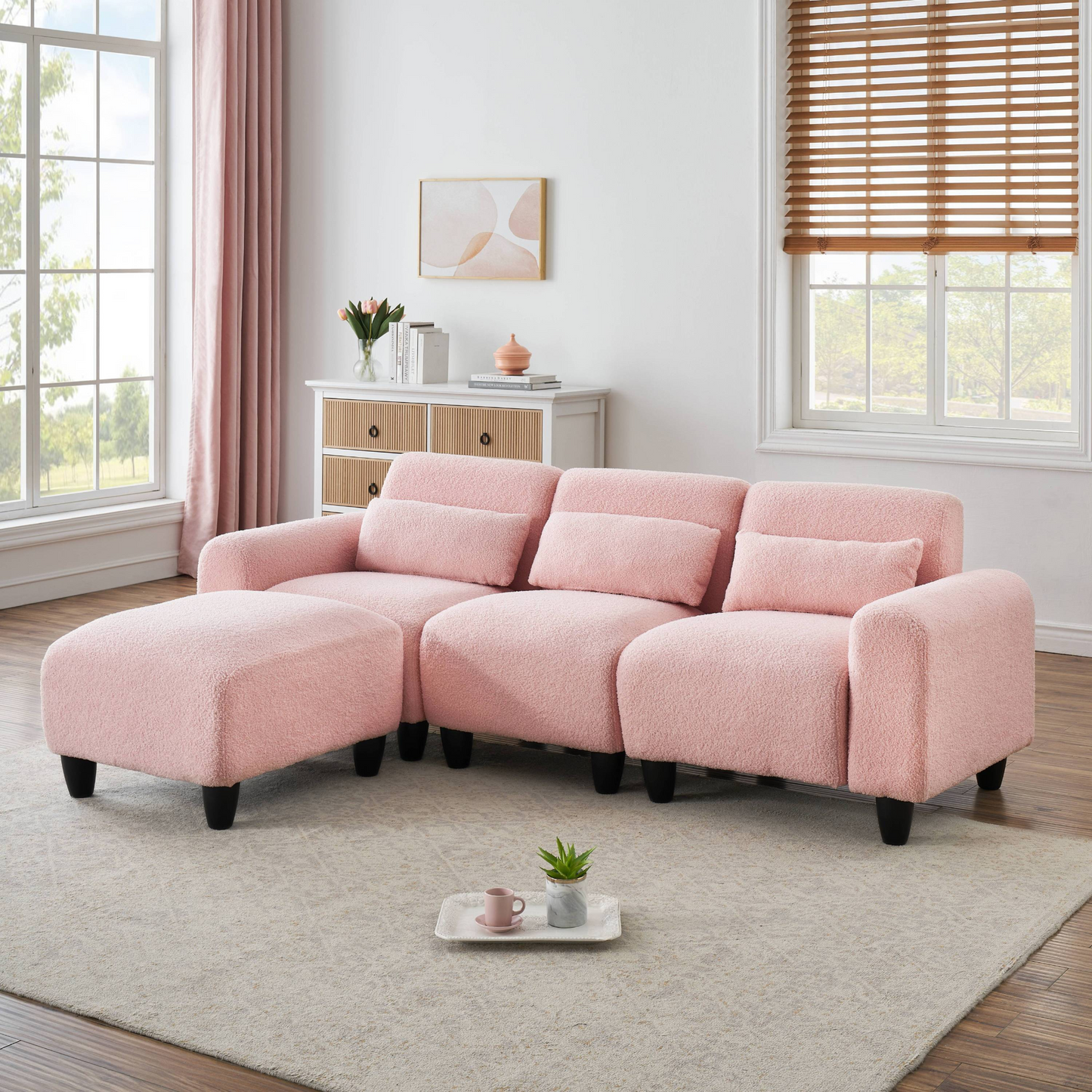 The 84.6-inch pink teddy fleece  creative sofa can be assembled into a two-seater sofa plus a single couch with three waist pillows to perfectly stretch your waist for small apartment bedroom Spaces