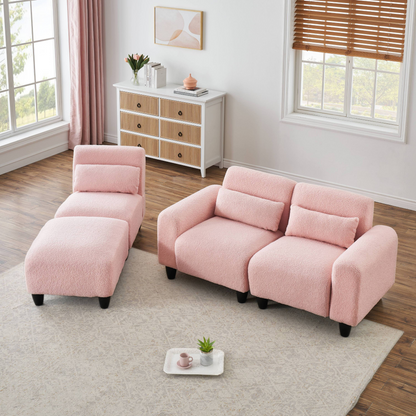 The 84.6-inch pink teddy fleece  creative sofa can be assembled into a two-seater sofa plus a single couch with three waist pillows to perfectly stretch your waist for small apartment bedroom Spaces