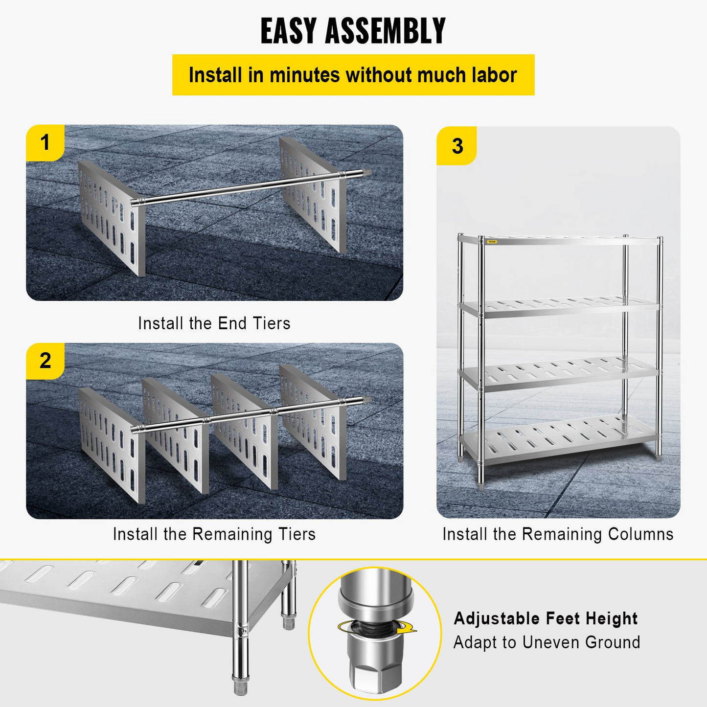 VEVOR Storage Shelf, 4-Tier Storage Shelving Unit, Stainless Steel Garage Shelf, 47.2 x 17.7 x 61 inch Heavy Duty Storage Shelving, 529 Lbs Total Capacity with Adjustable Height and Vent Holes