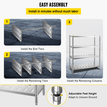 VEVOR Storage Shelf, 4-Tier Storage Shelving Unit, Stainless Steel Garage Shelf, 47.2 x 17.7 x 61 inch Heavy Duty Storage Shelving, 529 Lbs Total Capacity with Adjustable Height and Vent Holes