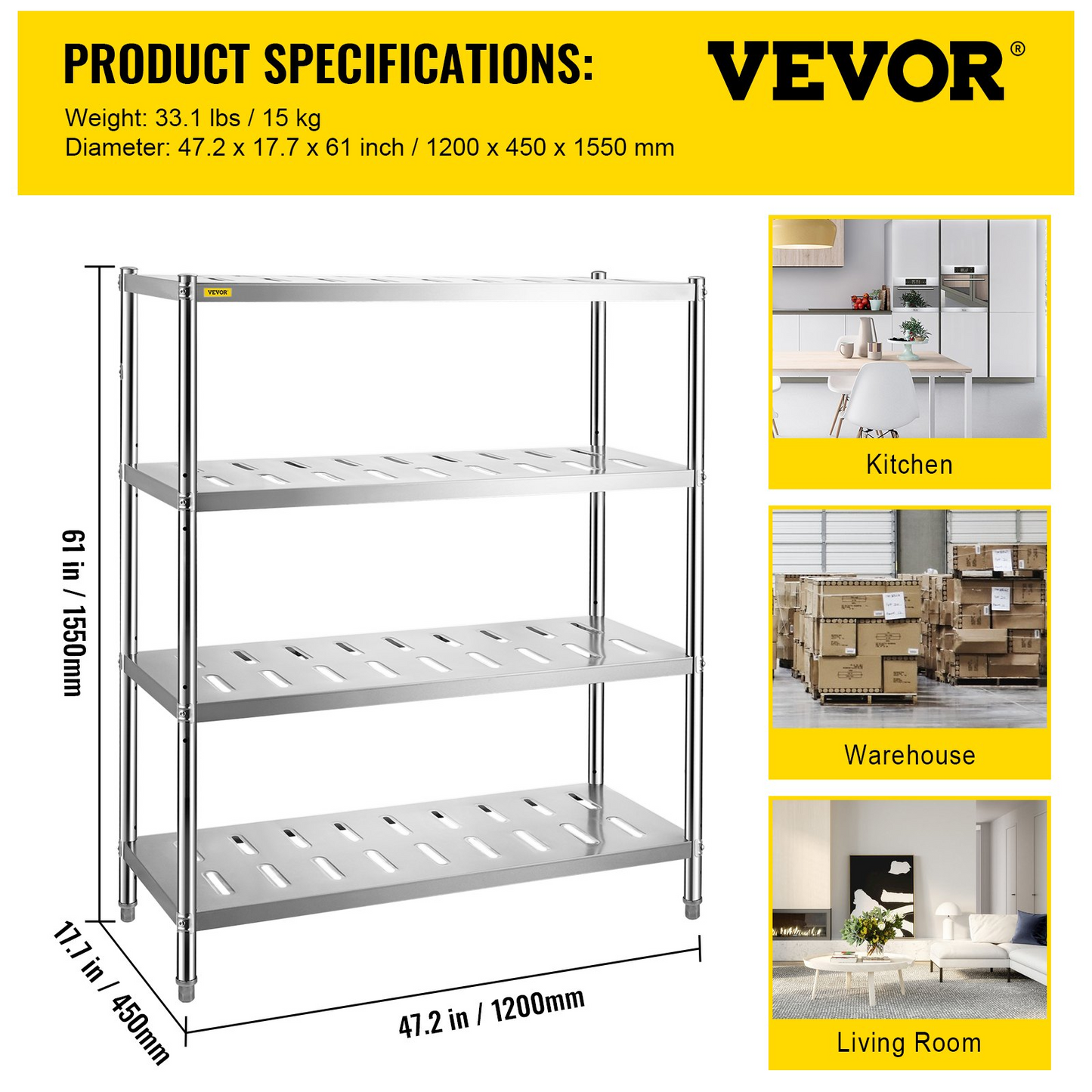 VEVOR Storage Shelf, 4-Tier Storage Shelving Unit, Stainless Steel Garage Shelf, 47.2 x 17.7 x 61 inch Heavy Duty Storage Shelving, 529 Lbs Total Capacity with Adjustable Height and Vent Holes