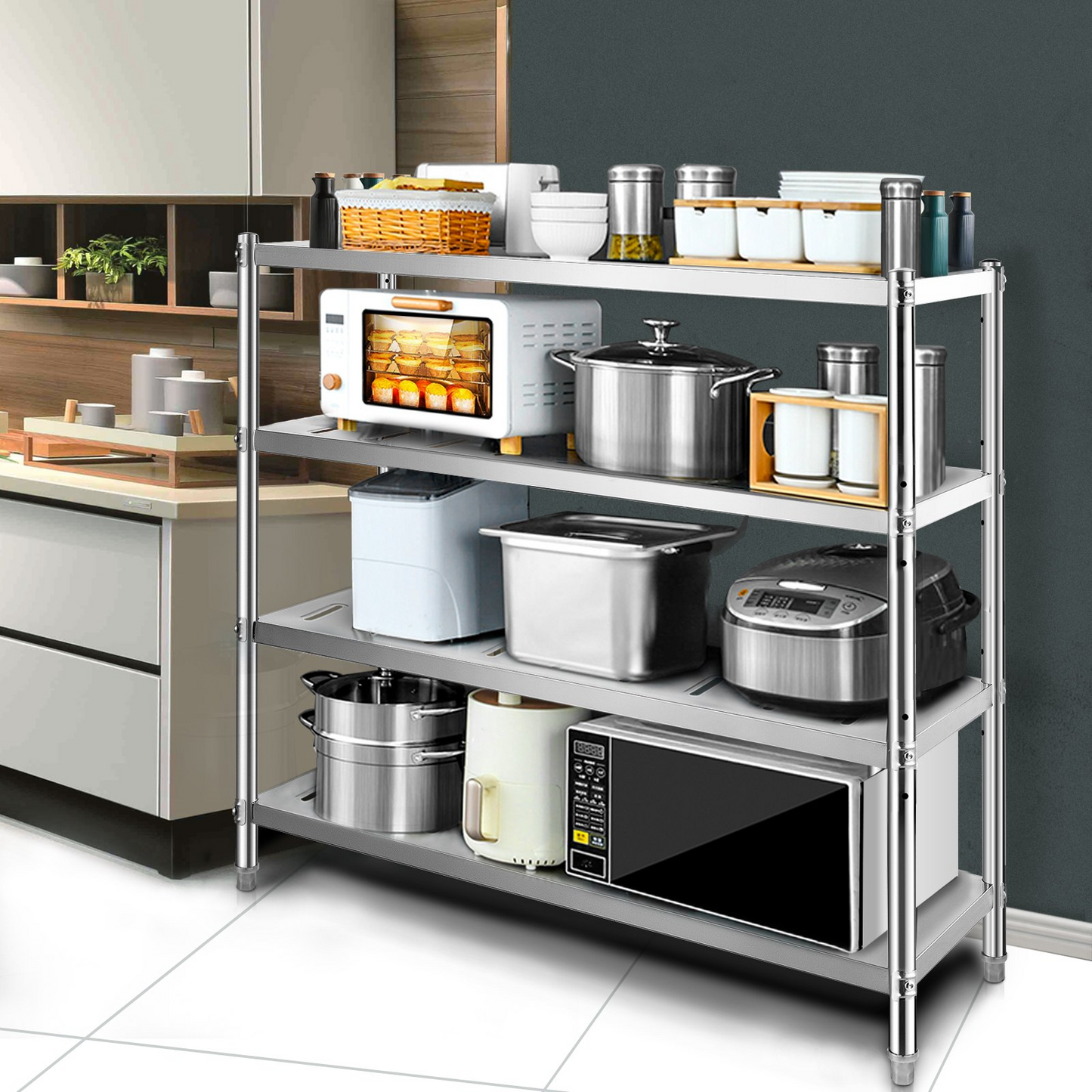 VEVOR Storage Shelf, 4-Tier Storage Shelving Unit, Stainless Steel Garage Shelf, 47.2 x 17.7 x 61 inch Heavy Duty Storage Shelving, 529 Lbs Total Capacity with Adjustable Height and Vent Holes