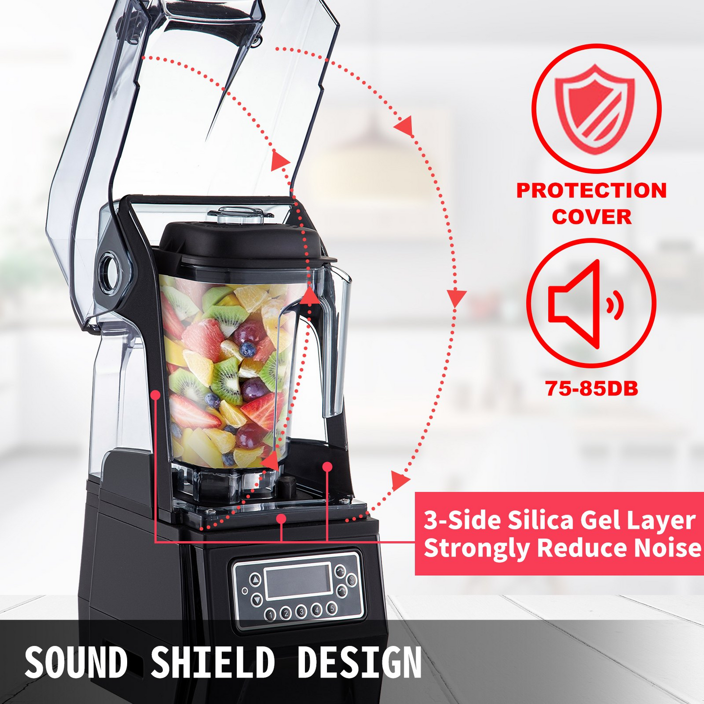 VEVOR 110V Commercial Smoothie Blenders, 1.5L/50.7oz 1500W Countertop Silent Blender w/ 3-Side Silica Gel Sound Shield, Quiet Blender Self-Cleaning Includes Multifunctional 2-in-1 Wet Dry Blades Black