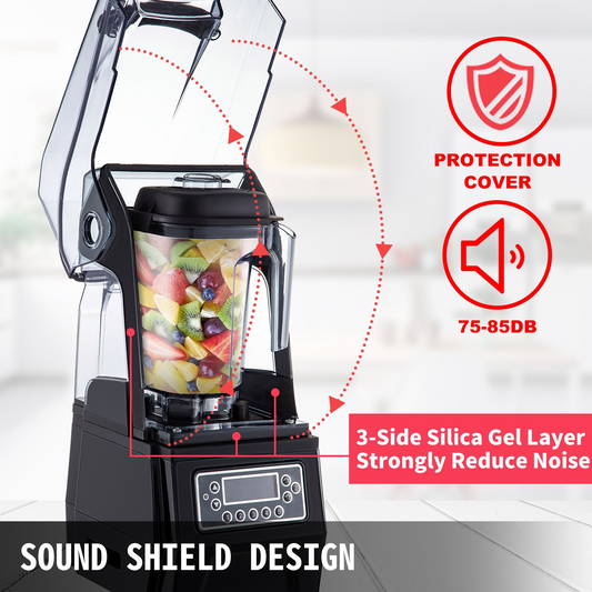 VEVOR 110V Commercial Smoothie Blenders, 1.5L/50.7oz 1500W Countertop Silent Blender w/ 3-Side Silica Gel Sound Shield, Quiet Blender Self-Cleaning Includes Multifunctional 2-in-1 Wet Dry Blades Black
