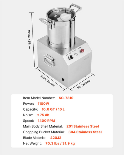 Food Processor Vegetable Chopper 10.6 Quart Food-Grade Stainless Steel Blender