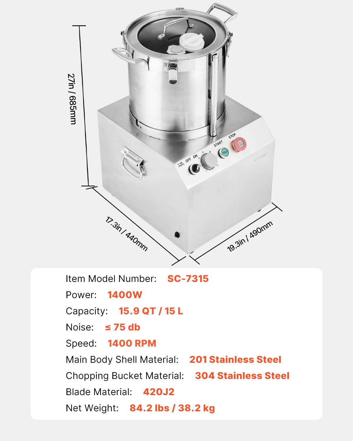 Food Processor Vegetable Chopper 15.9 Quart Food-Grade Stainless Steel Blender