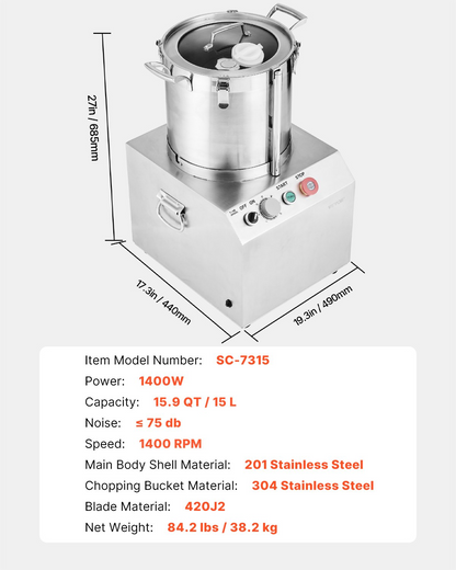Food Processor Vegetable Chopper 15.9 Quart Food-Grade Stainless Steel Blender