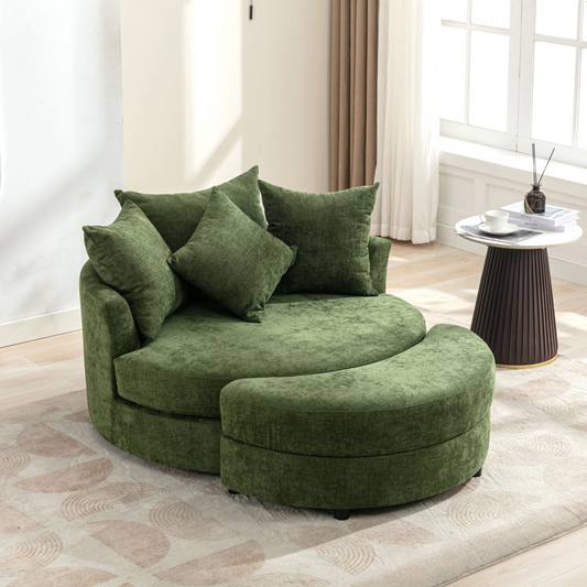 360° Swivel Accent Barrel Chair with Storage Ottoman & 4 Pillows, Modern Chenille Leisure Chair Round Accent for Living Room, Green