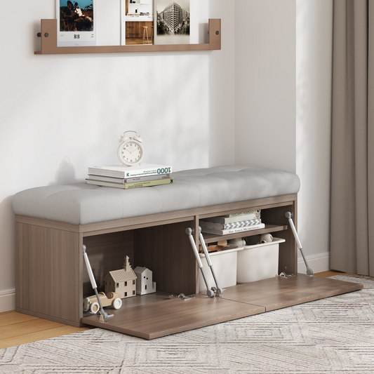 49" Storage Bench Storage Cabinet Storage Ottoman with Adjustable Shelves, Padded Seat Cushion and Double Doors for Entryway, Hallway and Bedroom, Light Grey