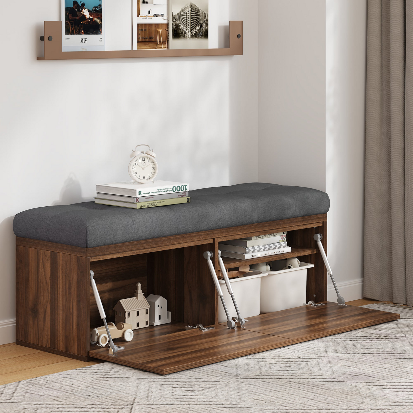 49" Storage Bench Storage Cabinet Storage Ottoman with Adjustable Shelves, Padded Seat Cushion and Double Doors for Entryway, Hallway and Bedroom, Dark Grey