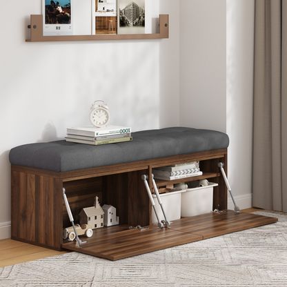 49" Storage Bench Storage Cabinet Storage Ottoman with Adjustable Shelves, Padded Seat Cushion and Double Doors for Entryway, Hallway and Bedroom, Dark Grey