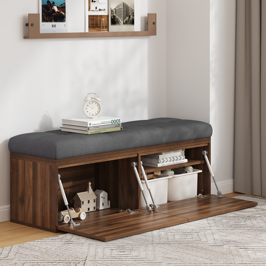 49" Storage Bench Storage Cabinet Storage Ottoman with Adjustable Shelves, Padded Seat Cushion and Double Doors for Entryway, Hallway and Bedroom, Dark Grey