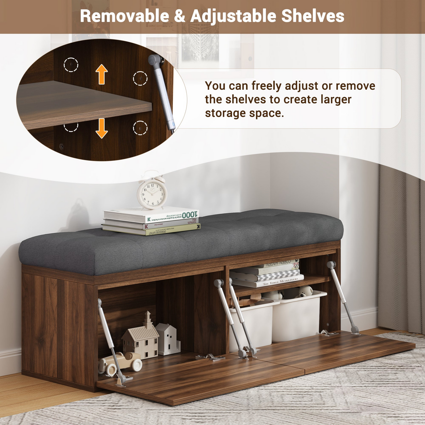 49" Storage Bench Storage Cabinet Storage Ottoman with Adjustable Shelves, Padded Seat Cushion and Double Doors for Entryway, Hallway and Bedroom, Dark Grey