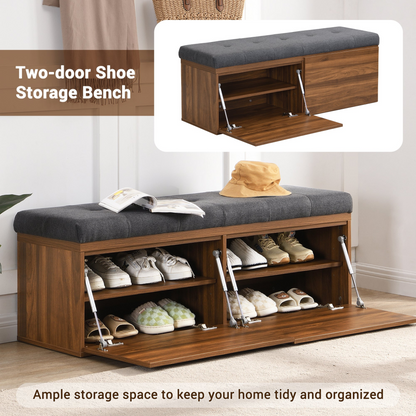 49" Storage Bench Storage Cabinet Storage Ottoman with Adjustable Shelves, Padded Seat Cushion and Double Doors for Entryway, Hallway and Bedroom, Dark Grey