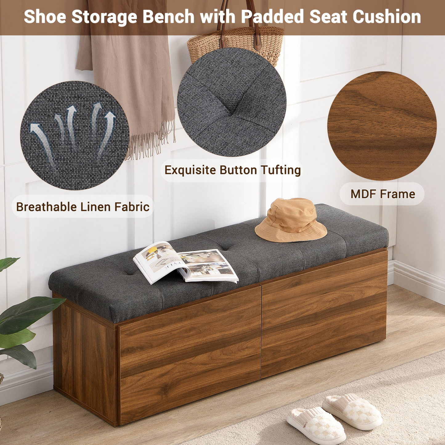 49" Storage Bench Storage Cabinet Storage Ottoman with Adjustable Shelves, Padded Seat Cushion and Double Doors for Entryway, Hallway and Bedroom, Dark Grey