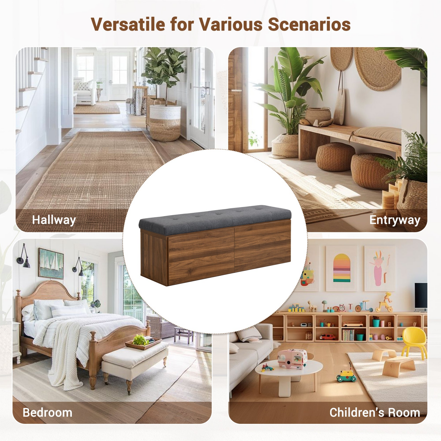 49" Storage Bench Storage Cabinet Storage Ottoman with Adjustable Shelves, Padded Seat Cushion and Double Doors for Entryway, Hallway and Bedroom, Dark Grey