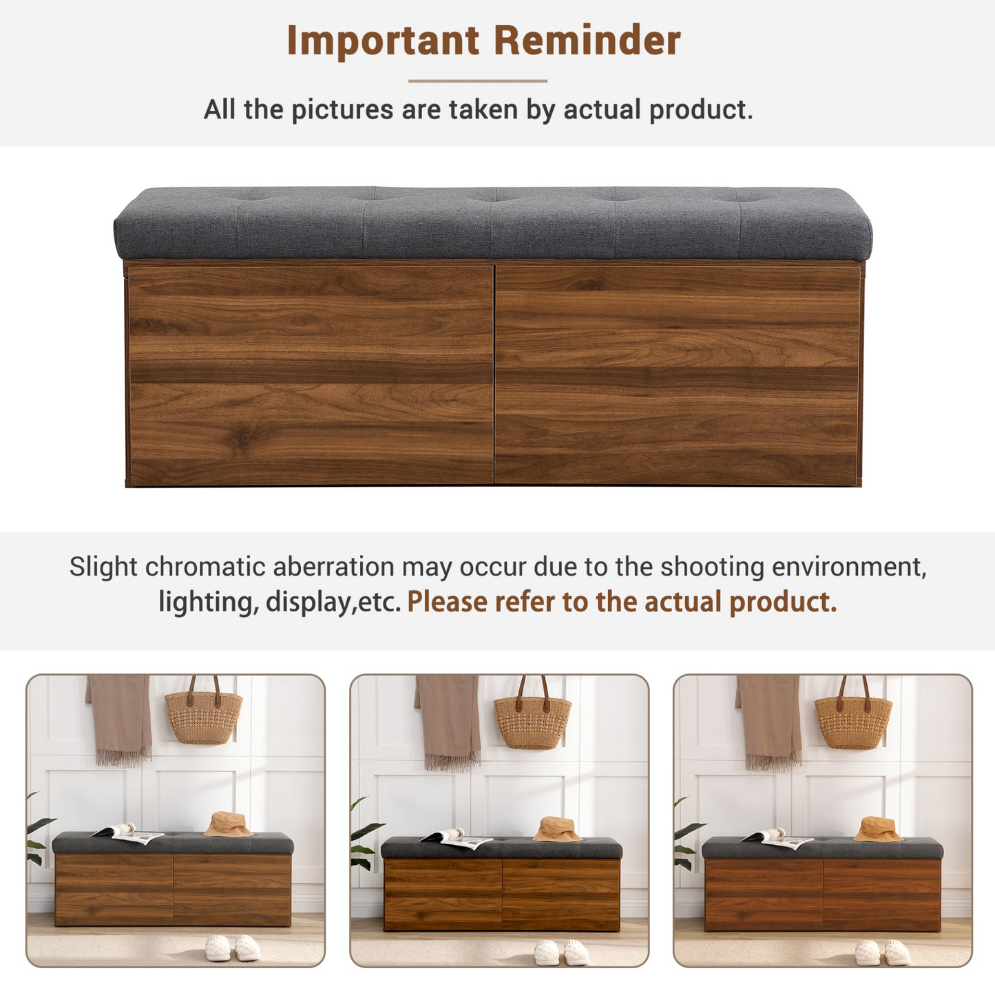 49" Storage Bench Storage Cabinet Storage Ottoman with Adjustable Shelves, Padded Seat Cushion and Double Doors for Entryway, Hallway and Bedroom, Dark Grey