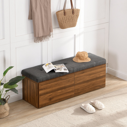 49" Storage Bench Storage Cabinet Storage Ottoman with Adjustable Shelves, Padded Seat Cushion and Double Doors for Entryway, Hallway and Bedroom, Dark Grey